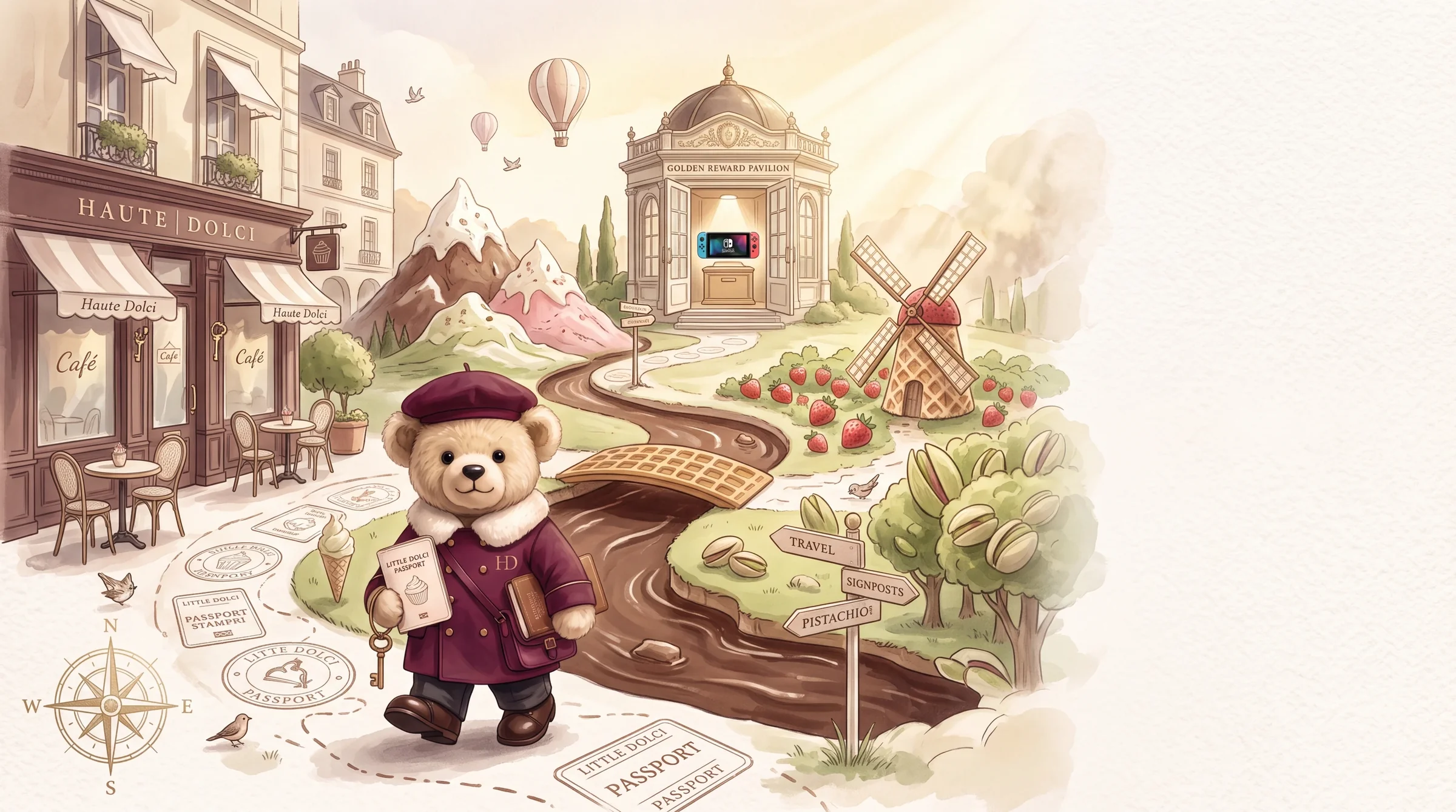 Dolci Bear exploring the Little Dolci world with his Passport and the Nintendo Switch 2 prize pavilion