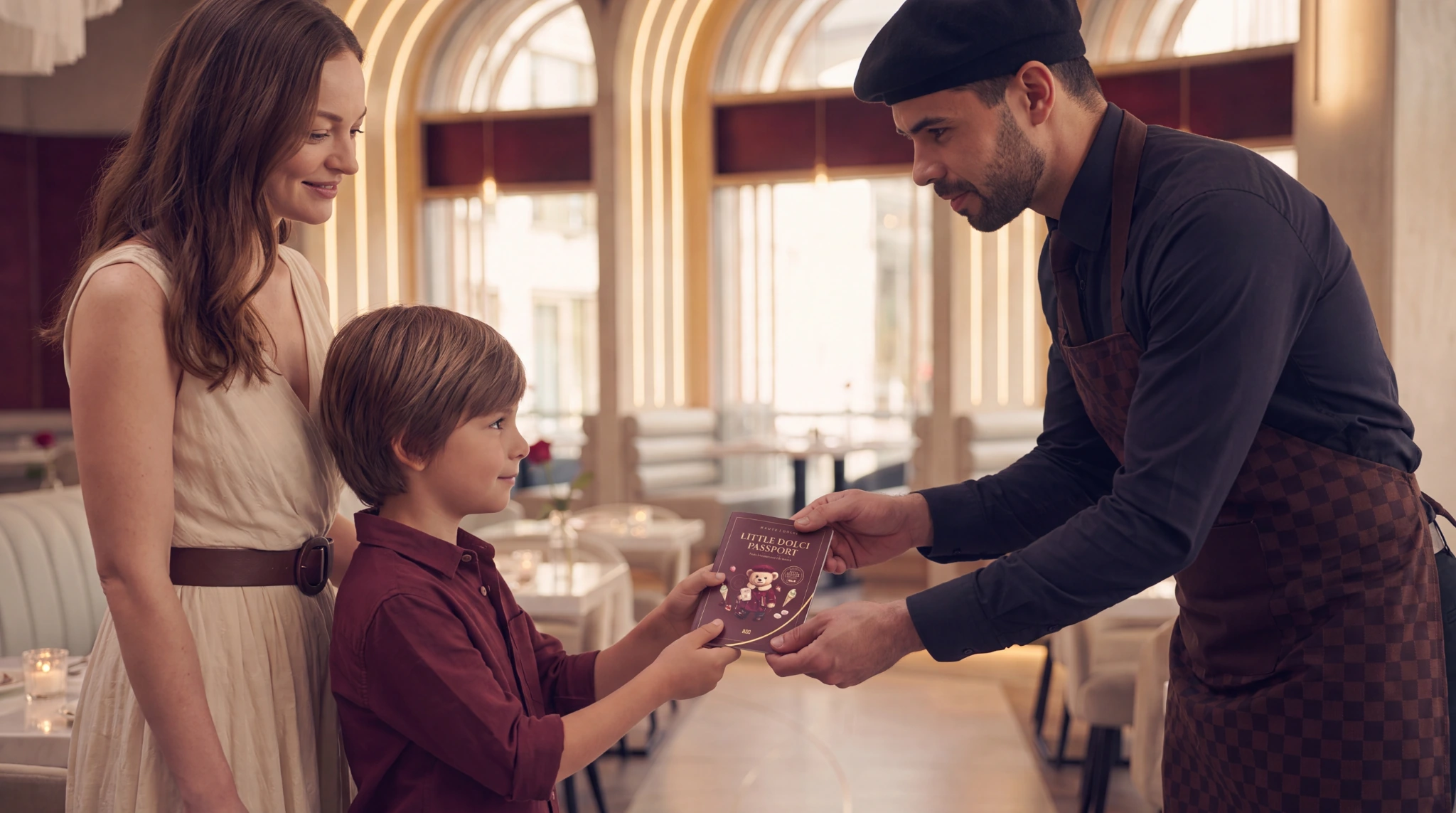 A Haute Dolci team member presenting the Little Dolci Passport to a child in the café