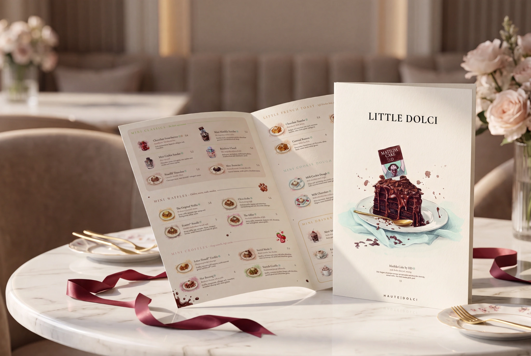 The Little Dolci menu arranged as a premium editorial still life