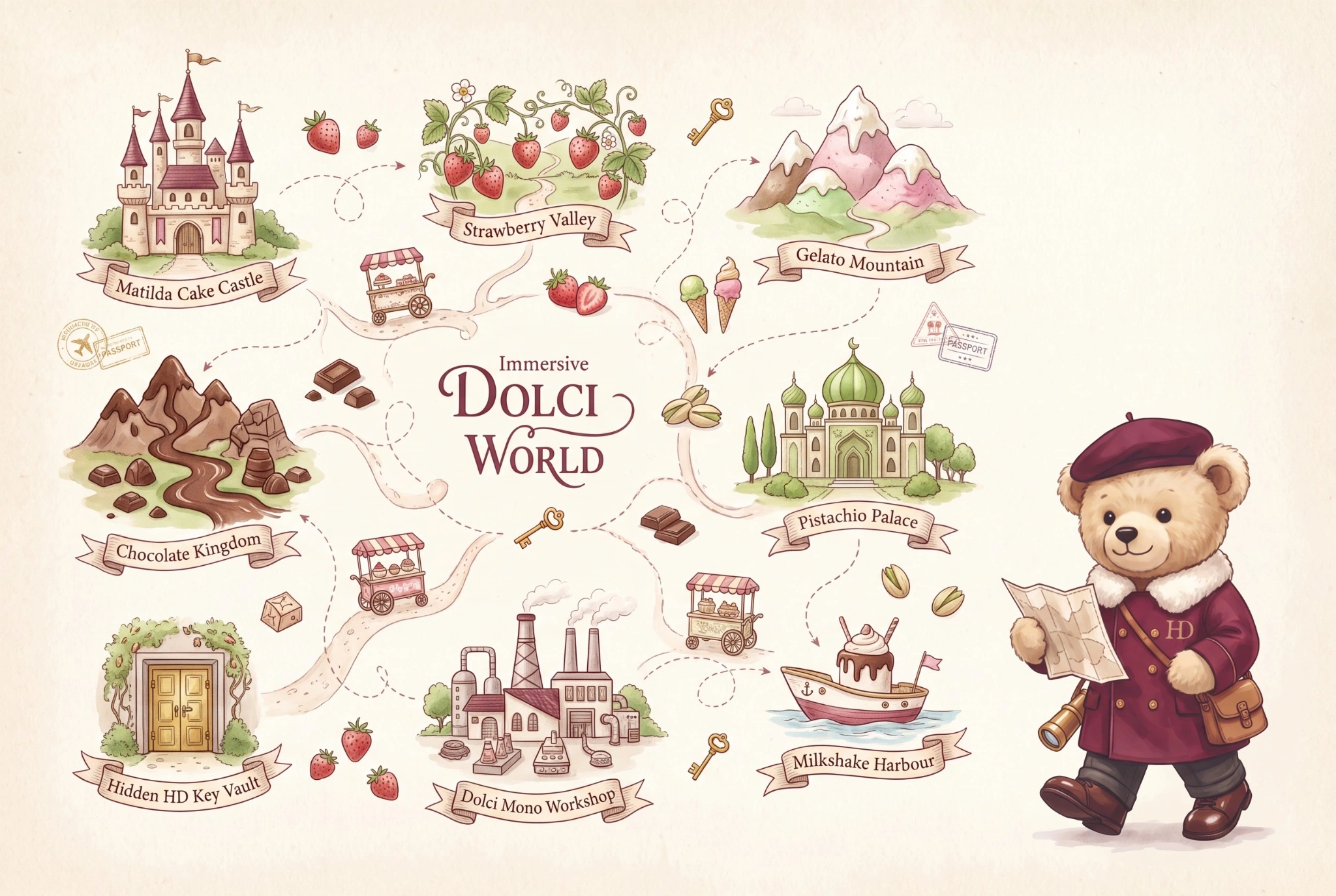 Dolci Bear beside the illustrated Dolci World quest map